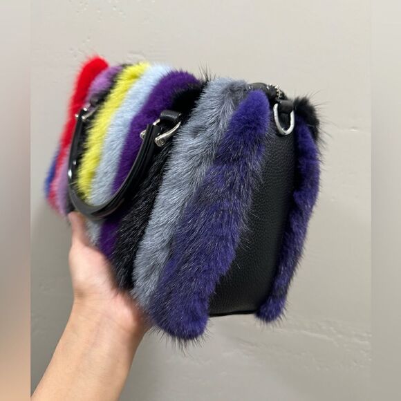 Multi Way Use Handmade Color-block Real Mink Fur Top Handles Satchel/Crossbody - Picture 12 of 16